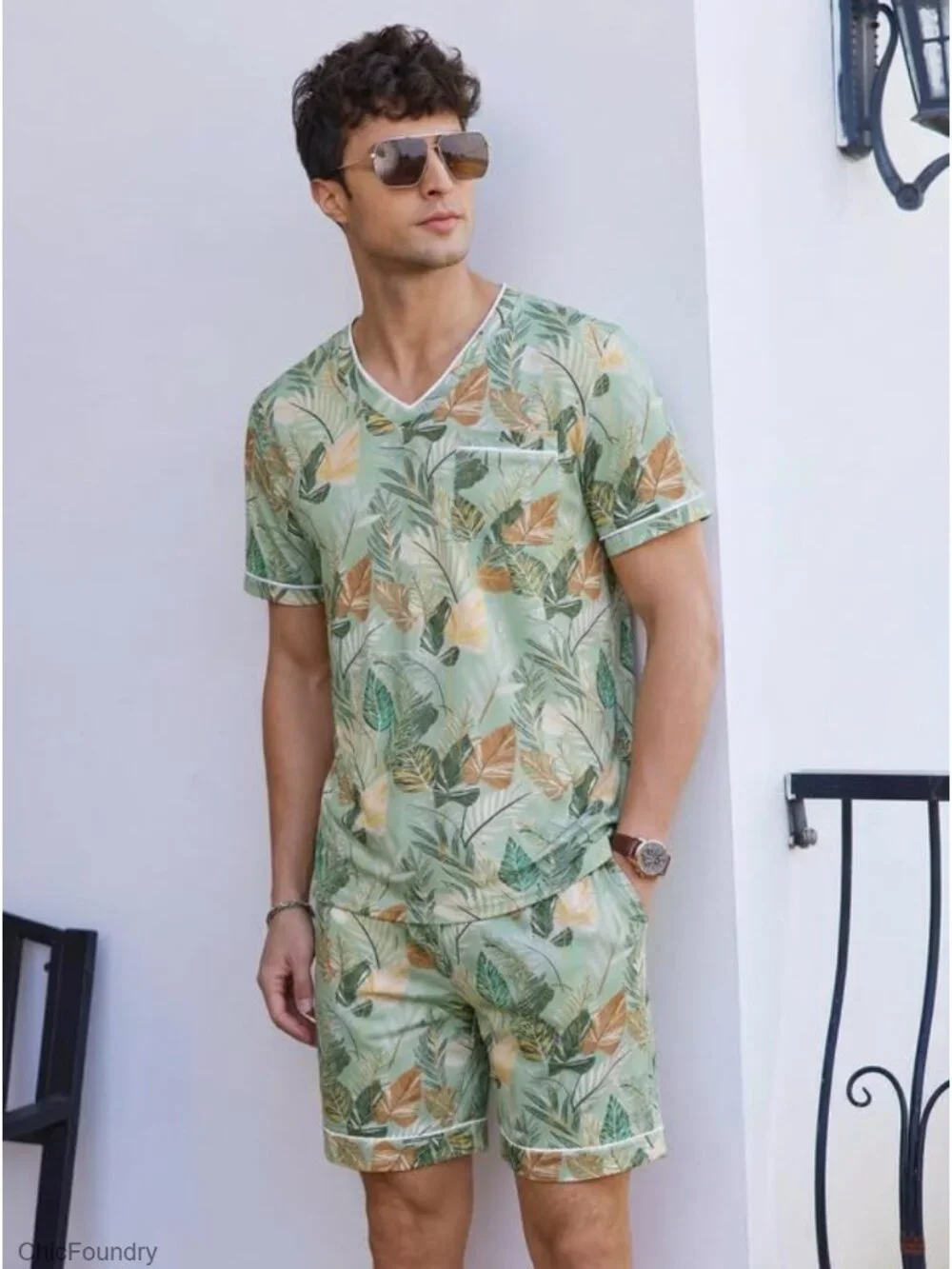 Men's Short Sleeve Pajama Set with Pockets V-Neck Sleepwear Lightweight S-2XL